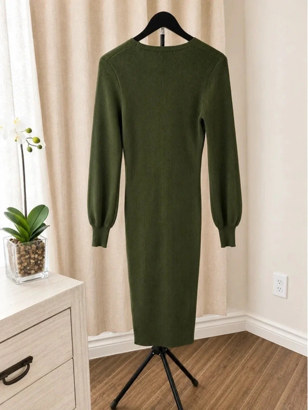 PrettyGarden Ribbed Knit Bodycon Midi Dress – Olive Green – Size Large – NWT